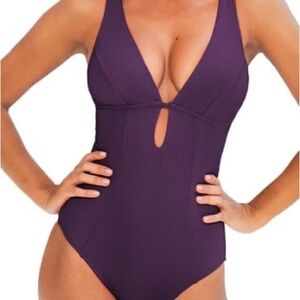 CUPSHE LG One Piece Swimsuit Deep V Neck Keyhole Cutout NWT Wine Berry